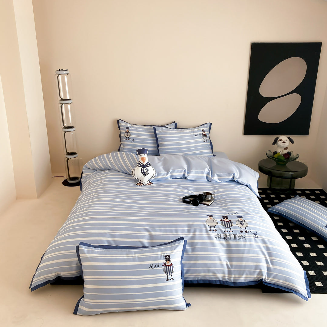 Seaside Stripe Baumwollsatin Bettbezug Set mit bestickten Möwe Kissenbezügen