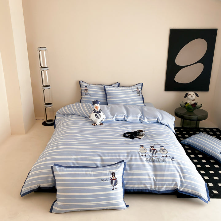 Seaside Stripe Baumwollsatin Bettbezug Set mit bestickten Möwe Kissenbezügen