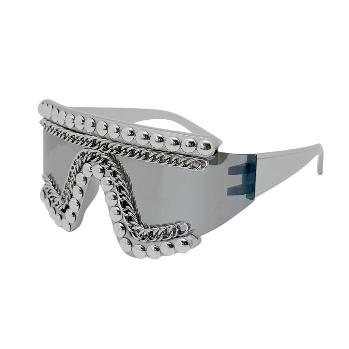 Damen Fashion-Sonnenbrille mit luxuriösem Kettenrahmen und schimmernden Akzenten Karnz