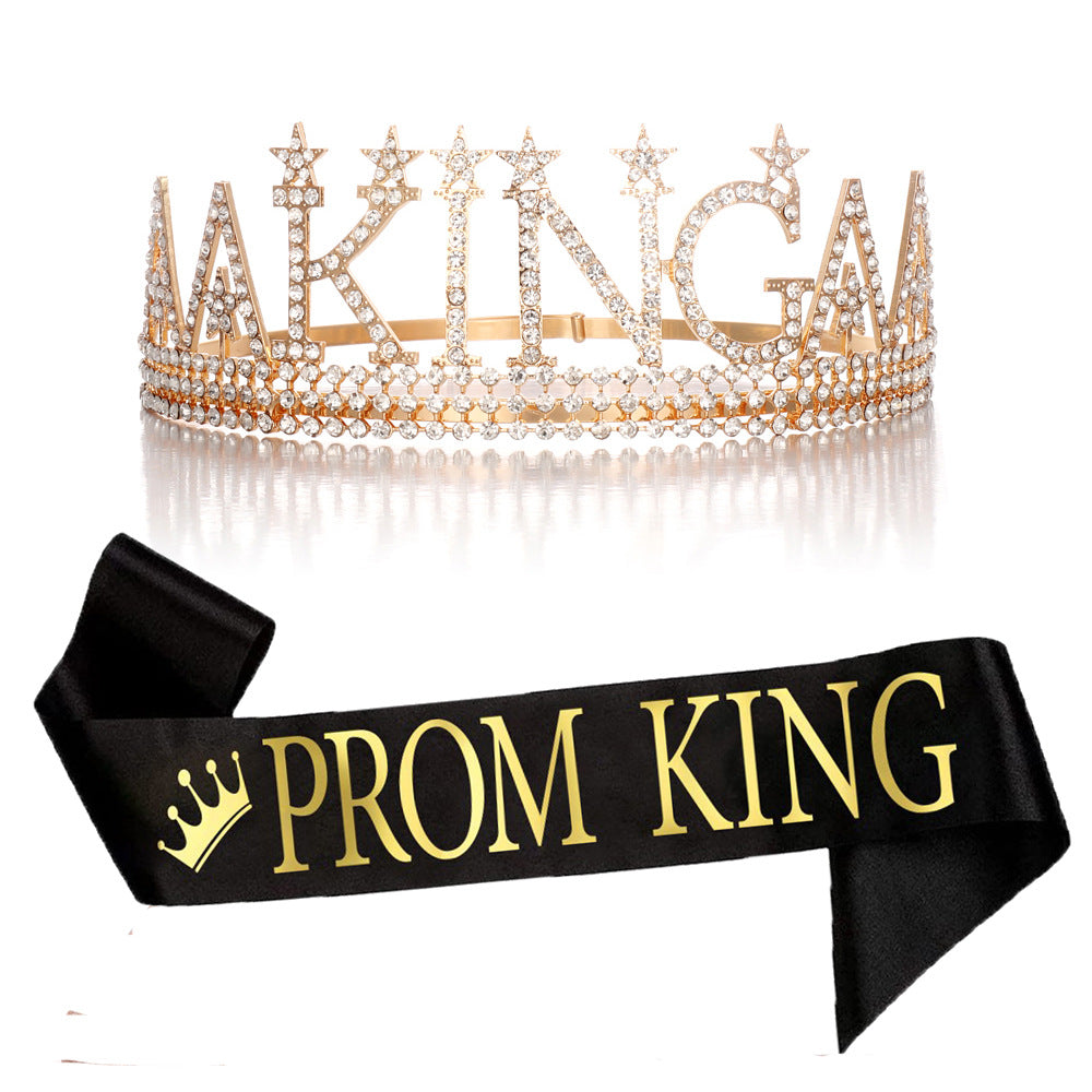 Damen Glitzernde Geburtstagskrone mit einem regalem "Birthday King"-Schärpen-Set Karnz