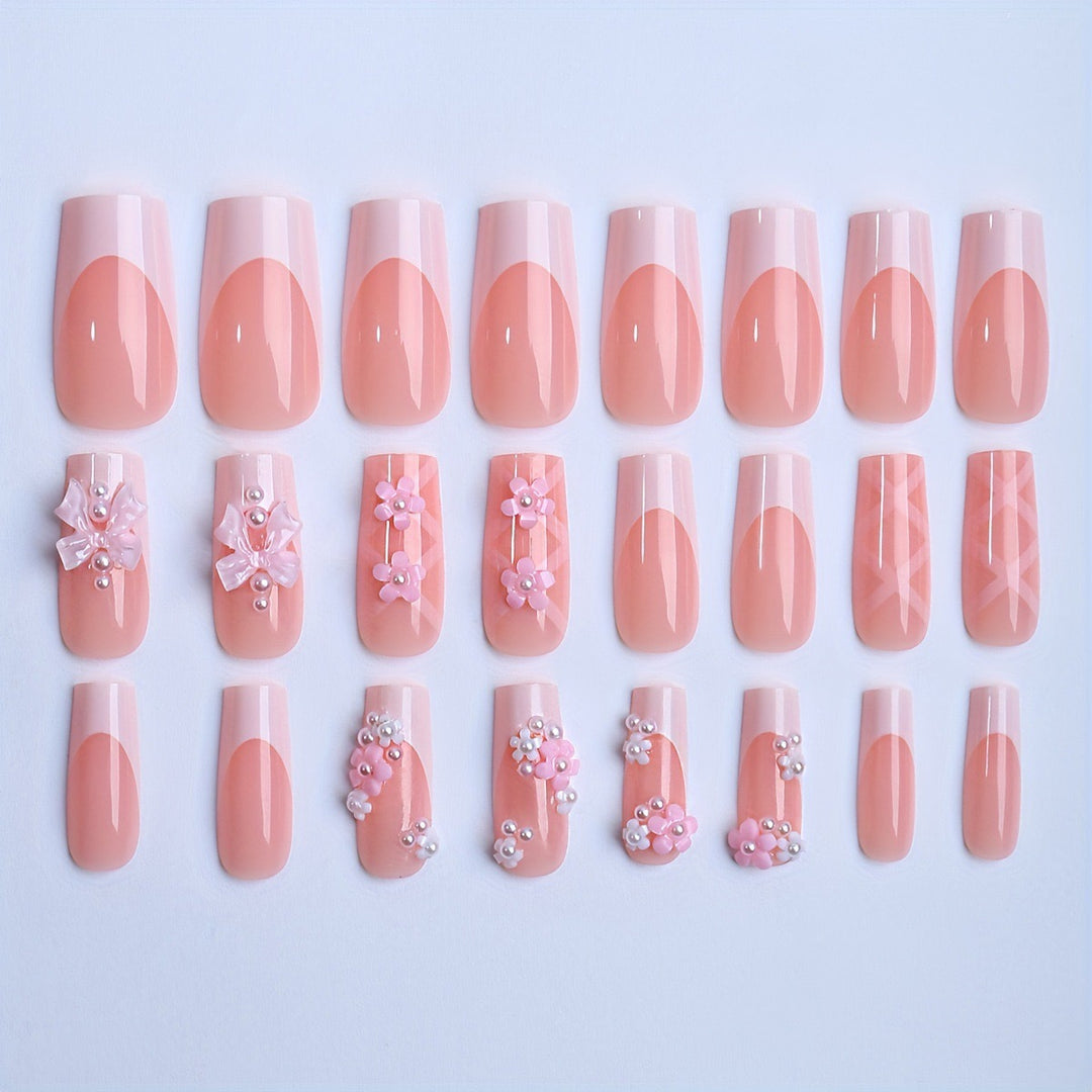 Kunstnagelset mit eleganten 3D-Blüten und Schleifenverzierungen Karnz