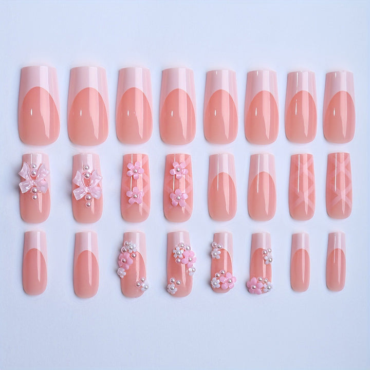 Kunstnagelset mit eleganten 3D-Blüten und Schleifenverzierungen Karnz
