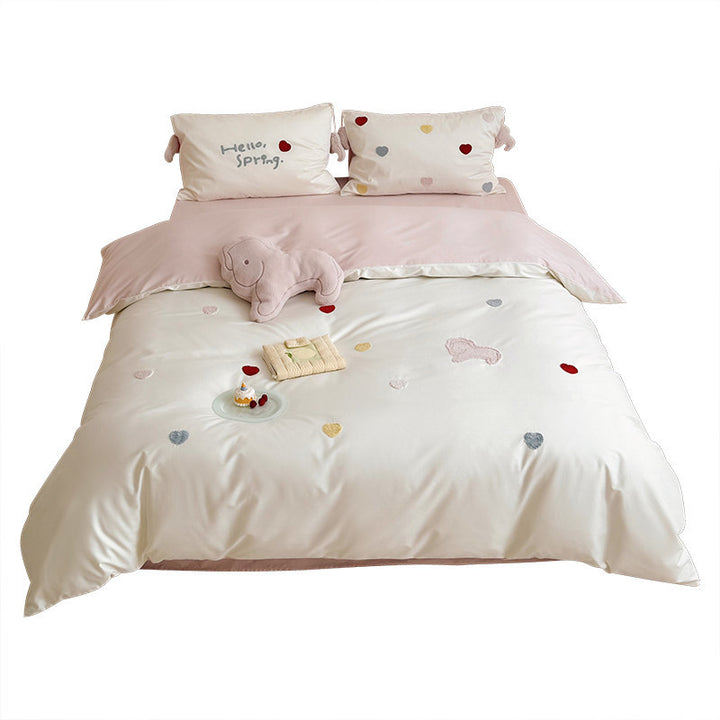 Bestickte Herz Baumwollsatin Bettwäsche Set mit Wendbarem Blush Rückseite und Dekorativen Kissenbezügen