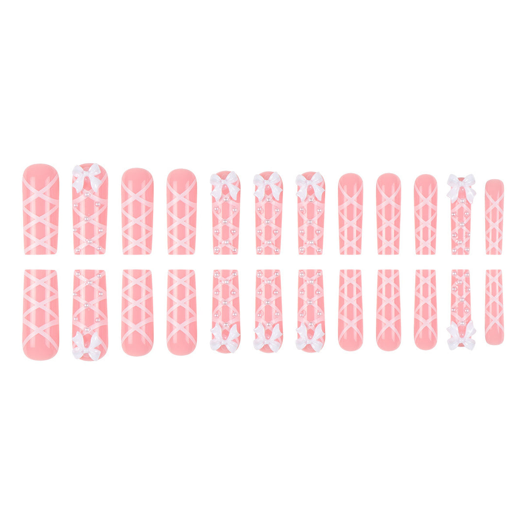 Dekorative Press-On Nagelkunst Extensions mit Schleifen- und Perlen-Design Karnz