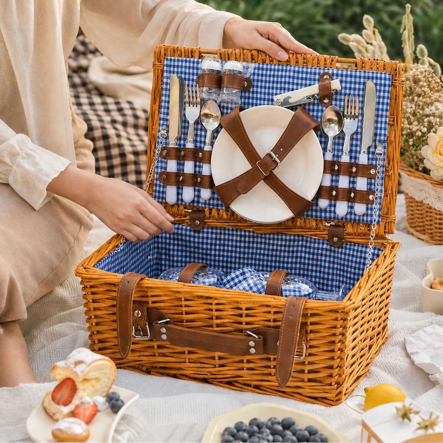 Damen Luxus Picknickkorb mit versetztem Geschirrfach und floralem Innenfutter Karnz