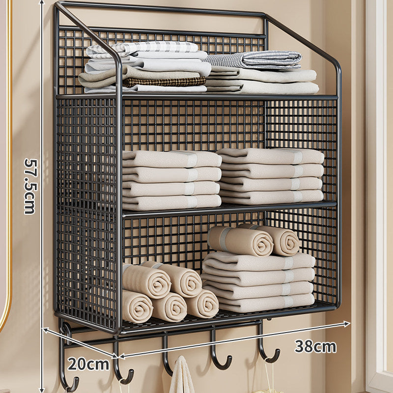Wandmontierter Gitter-Mesh-Badezimmer-Organizer mit mehreren Regalen und integrierten Haken