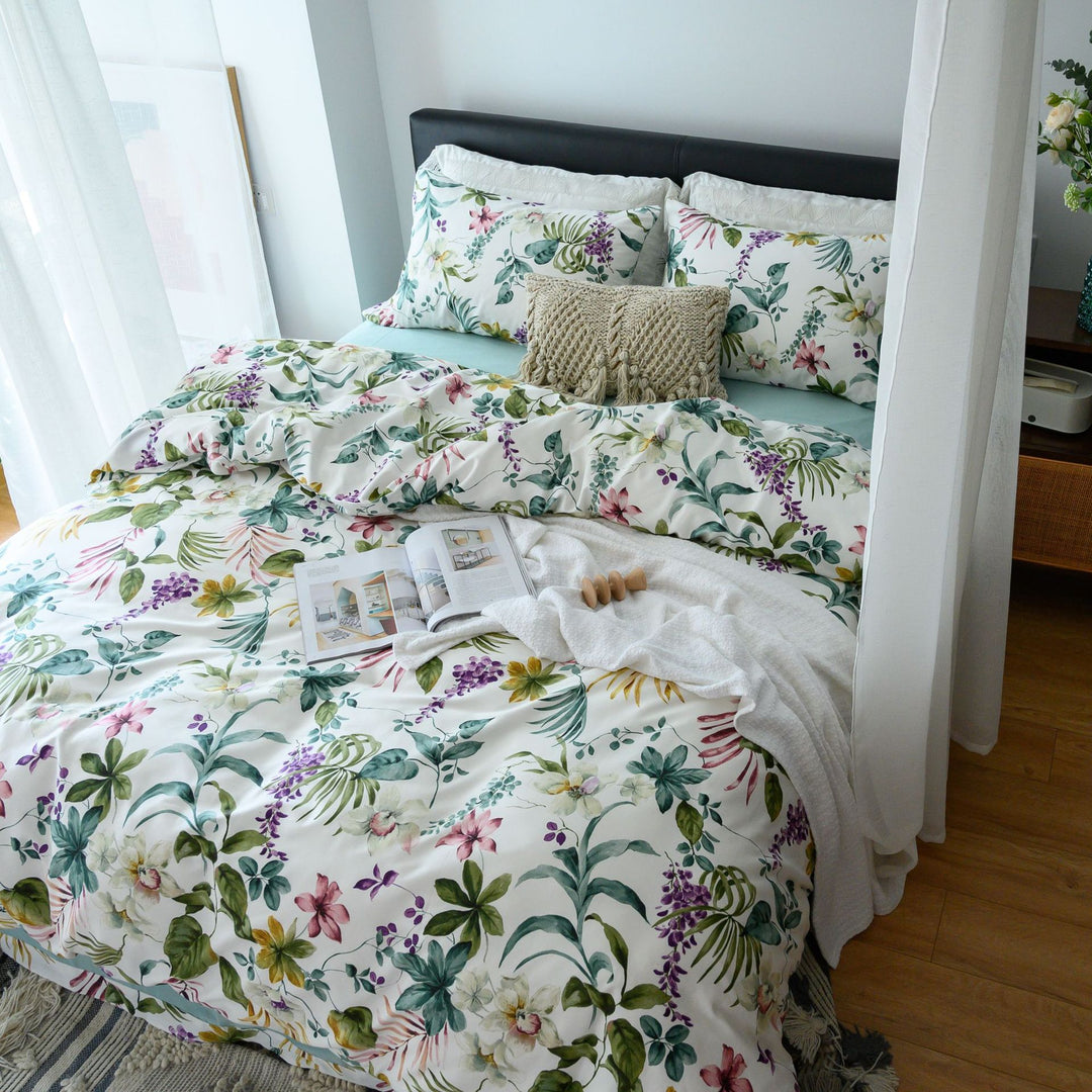 Botanisches Baumwoll-Satin Bettbezug-Set mit umkehrbarem Bezug
