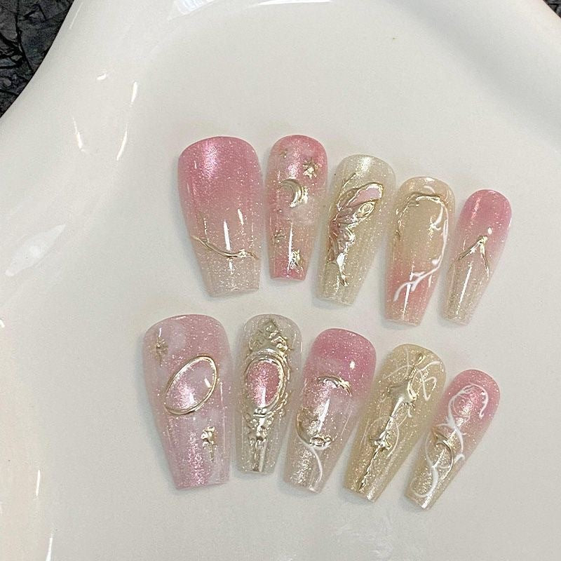 Künstlerisches mit Edelsteinen verziertes Press-On Nagelset