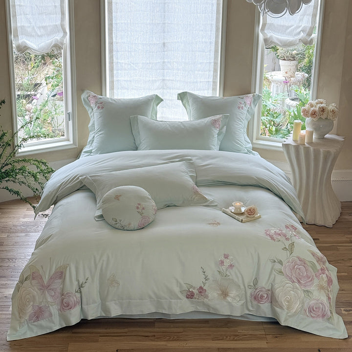luxuriöses Baumwollsatin Bettwäsche-Set mit floraler Stickerei