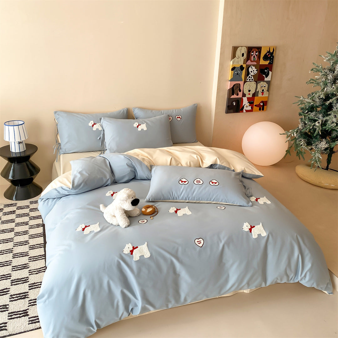 Bestickte Baumwollsatin Bettbezug Set mit Terrier Applikation