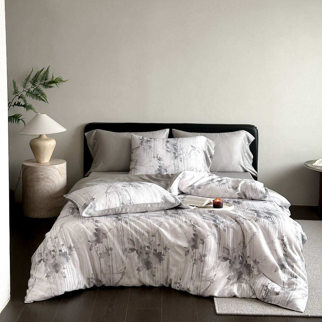 Umkehrbare Satin-Duvetbezug-Set mit botanischem Aquarelldruck