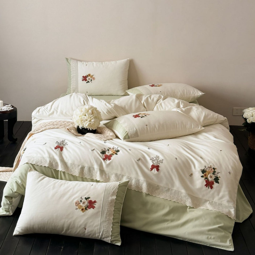 Bestickte Blumen Spitze Baumwolle Bettbezug Set
