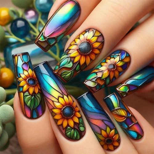 Kunstnägel mit Bunten Sonnenblumen-Motiv Karnz