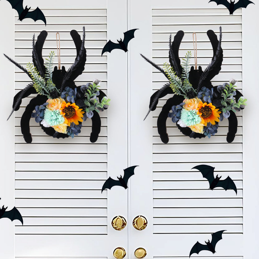 Hängende Halloween-Spinnen-Wanddekoration aus Holz mit kunstlichen Blumen
