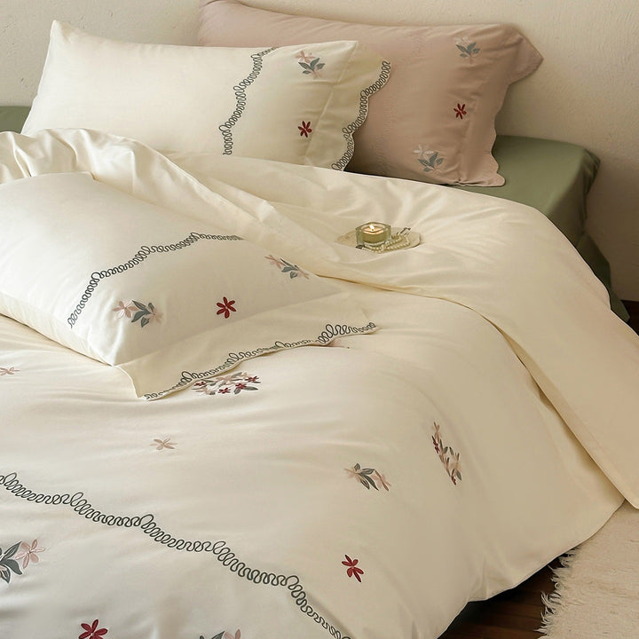Luxuriöses gesticktes Satin-Bettwäsche-Set mit Kissenbezug und Nackenrolle