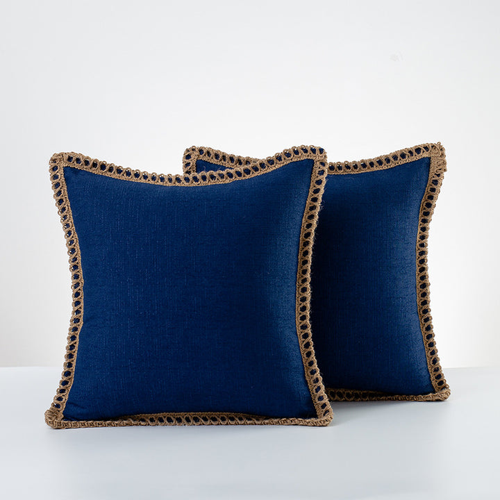 Dekoratives Leinen-Wurfkissen-Paar mit geflochtenem Fransenbesatz