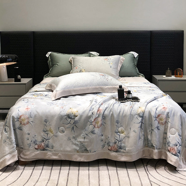 Luxuriöses Baumwollsatin-Bettwäsche-Set mit floralem Aquarellprint und feiner Satinkante