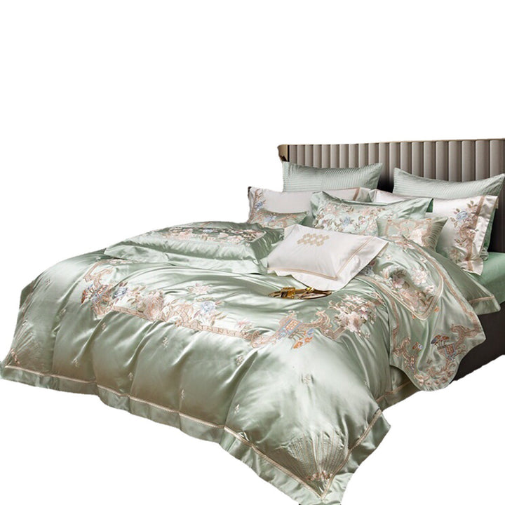Luxuriöser gestickter Satin Bettbezug mit floralem Jacobean-Stick und Oxford-Kissenbezügen