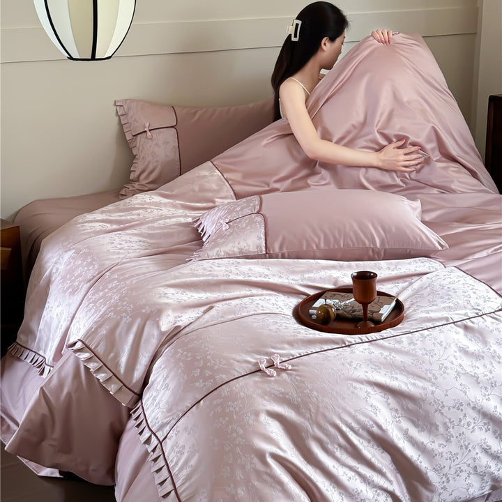 Seiden-Mischung Floral Jacquard Bettbezug Set mit Rüschensaum