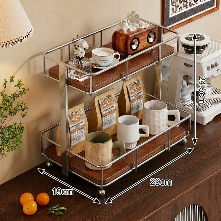 Dual-Tier Arbeitsplatten Kaffee- & Gewürzorganisator mit Metallschutz und Holzregalen