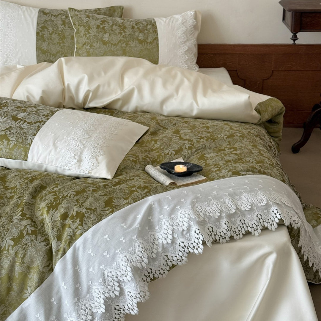 Wendbare botanische Jacquard Bettwäsche mit Spitzenbesatz Satinbettlaken und bestickten Euro-Kissenbezügen