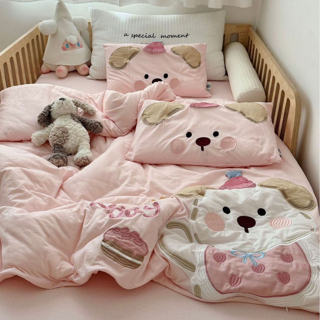 Kids Appliqué Puppy Baumwollsatin Bettbezug mit gesteppten Welpenkopf Kissenbezügen