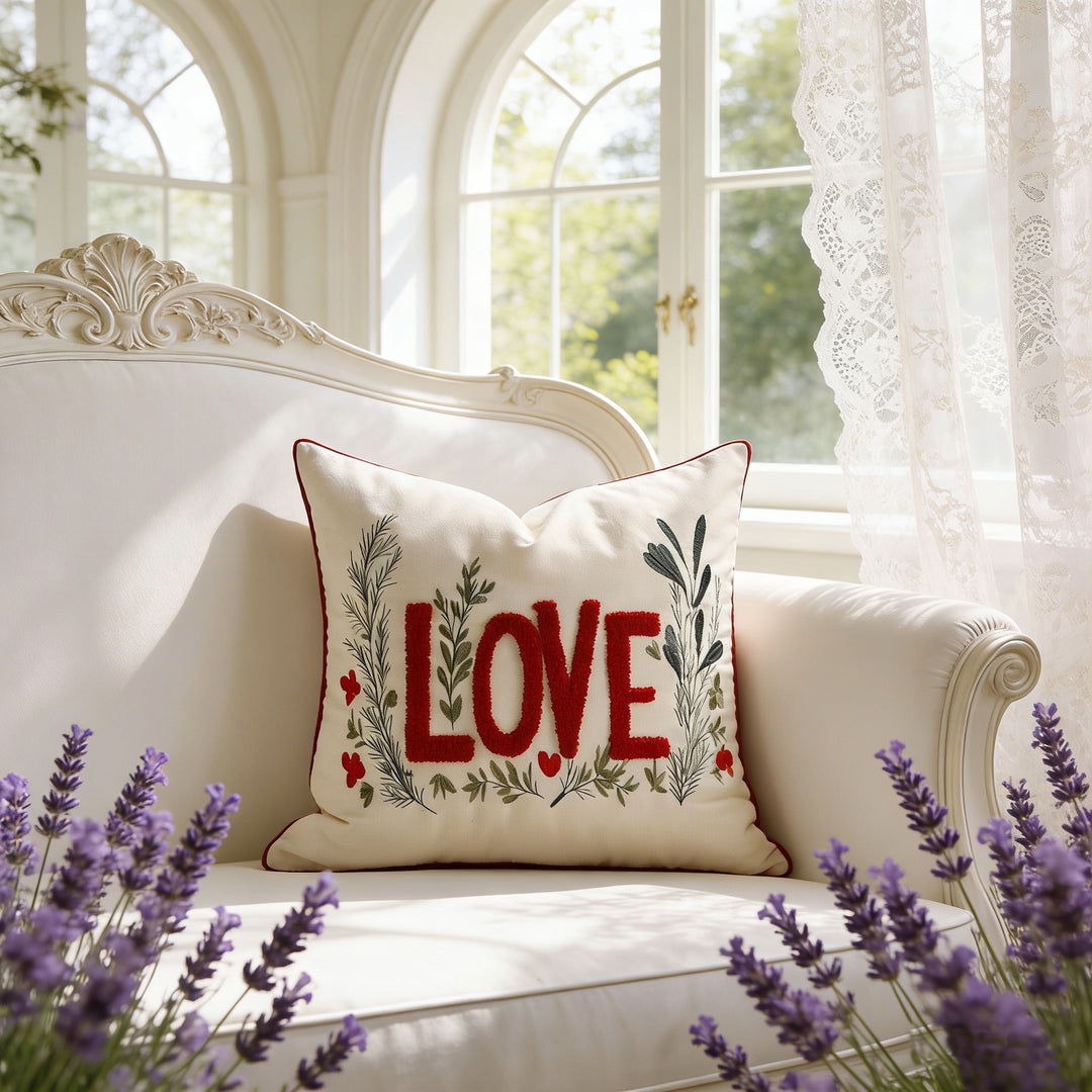 Bestickte Script Love Kissenbezug mit tufted Herz