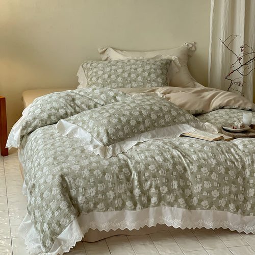 Botanisches Baumwoll-Leinen Bettbezug-Set mit ruffled gewelltem Saum
