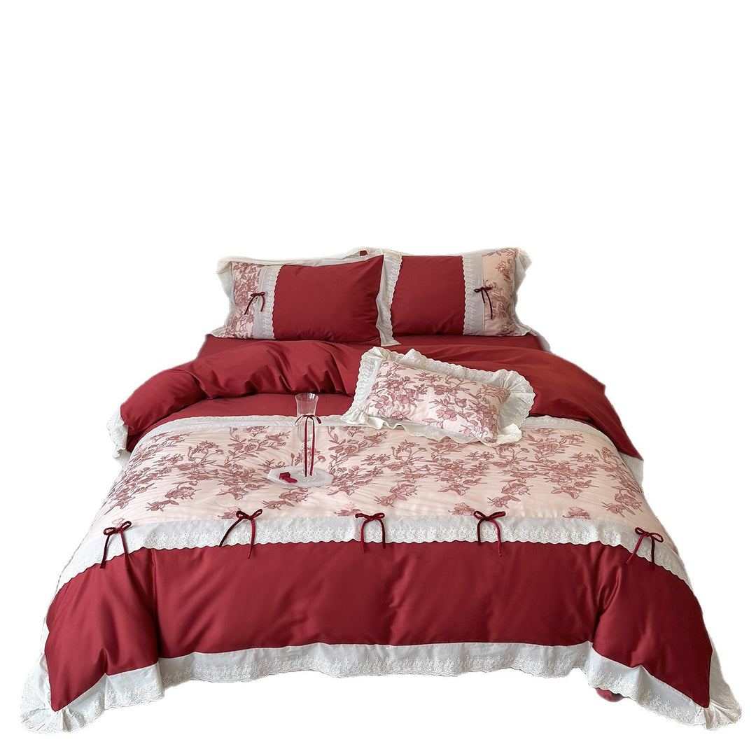 Romantisches Baumwoll-Bettwäsche-Set mit floraler Stickerei, Spitzenbordüre und Zierschleifen