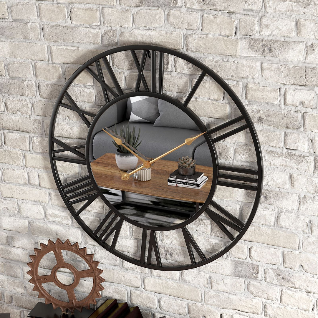 Metall Vintage Große Wanduhr mit Spiegel 39cm