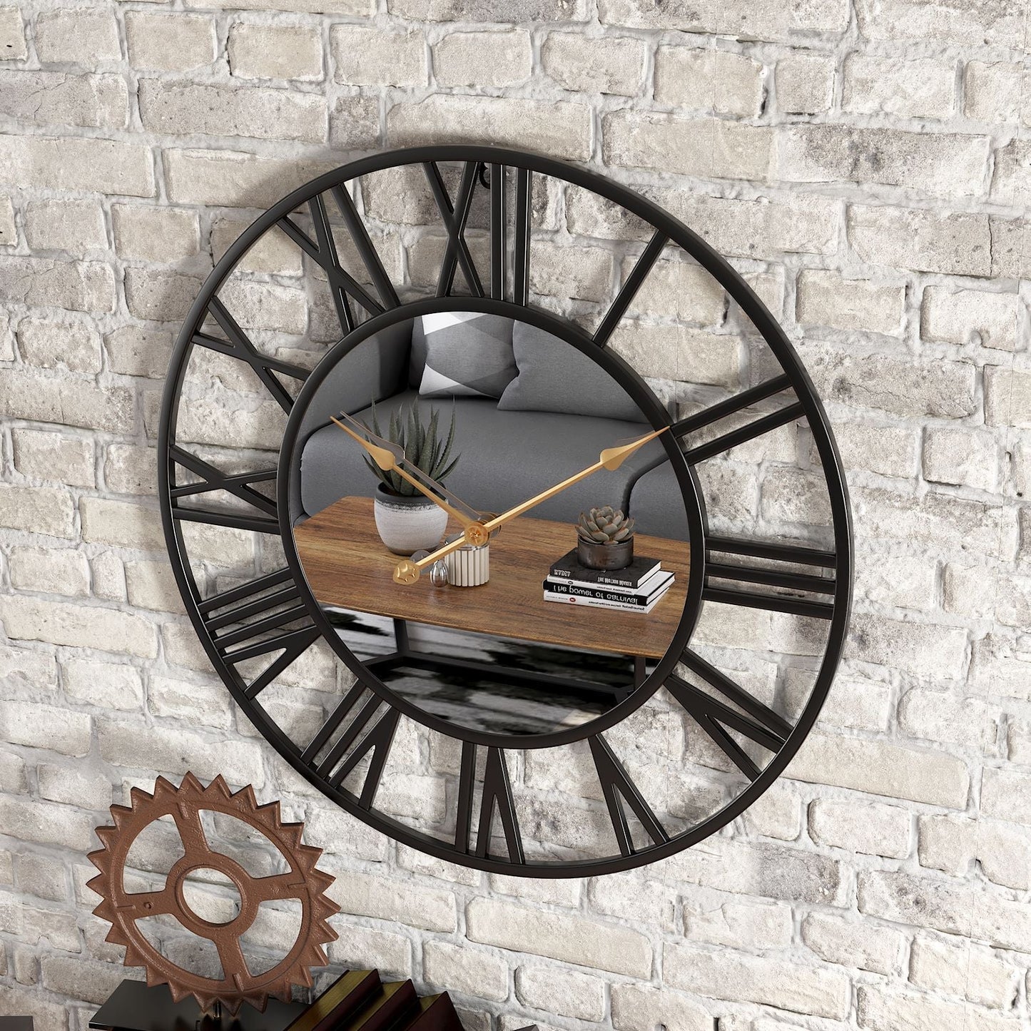 Metall Vintage Große Wanduhr mit Spiegel 39cm
