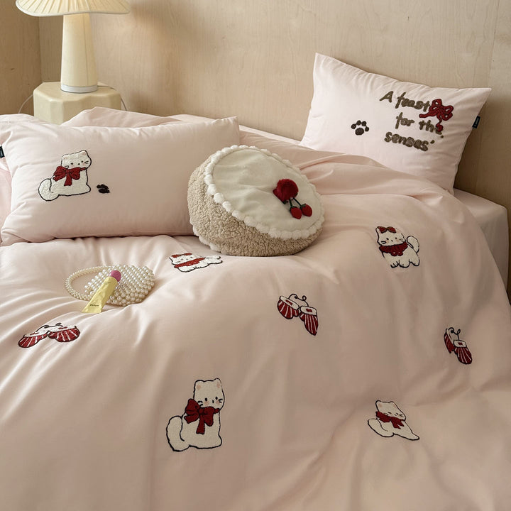 Bestickte Baumwoll-Bettbezug-Sets mit niedlichem Katzenmotiv