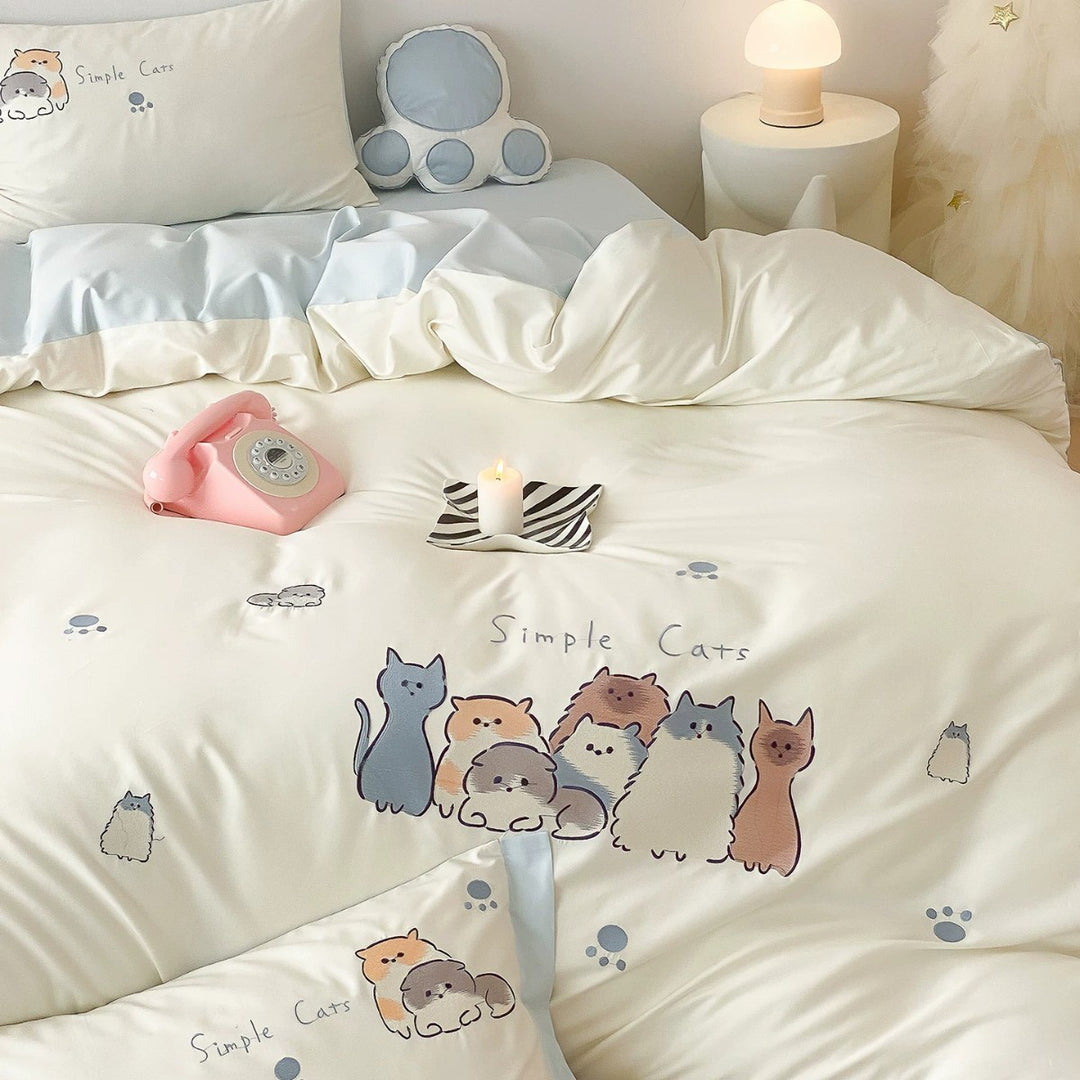 Baumwollsatin Bettbezug Set mit süßem Cartoon-Katzen Druck und passenden Kissenbezügen