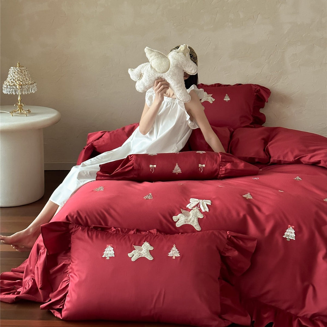 Besticktes Rüschensatin-Bettwäsche Set mit dekorativem Bolster und Kissenbezügen