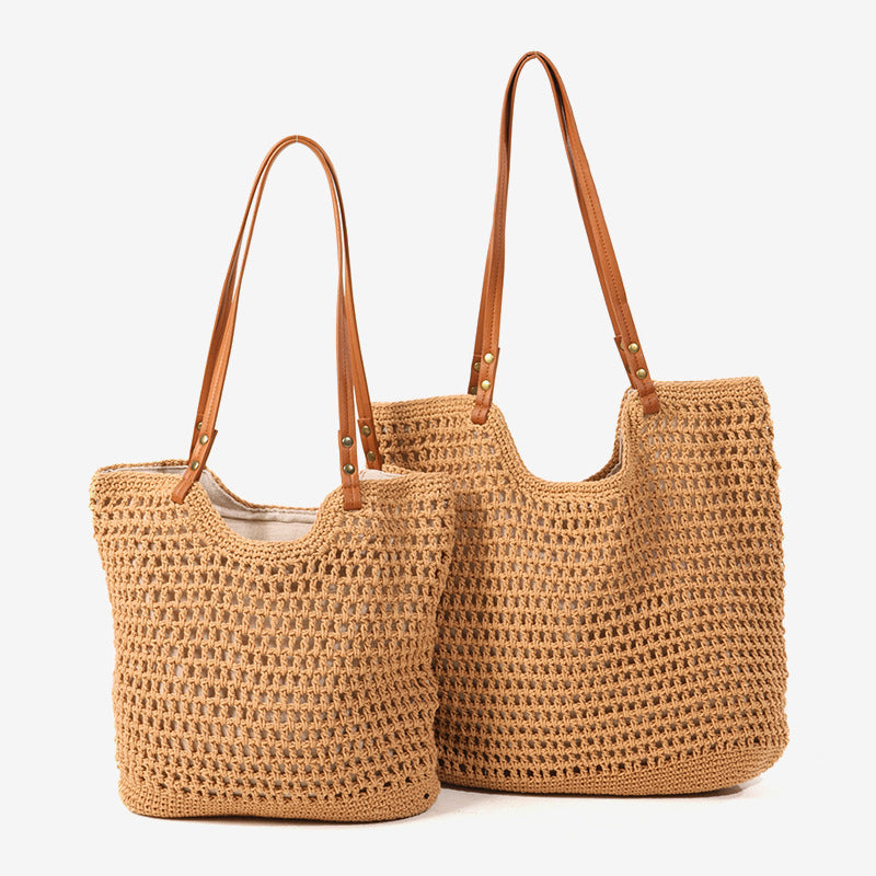 Damen Handgefertigte Makramee Tasche mit robusten Ledergriffen Karnz
