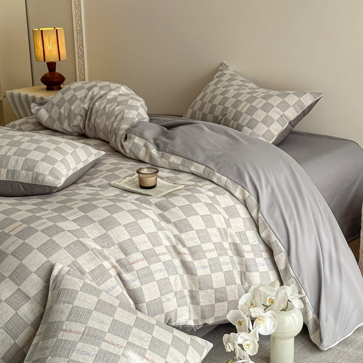 Reversibles Baumwoll-Leinen Bettwäsche-Set mit kariertem Patchwork-Motiv