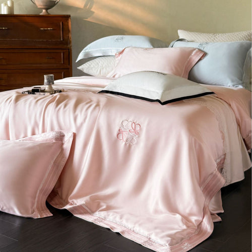 Silk-Feel Embroidered Satin Duvet Cover Set with Monogram Pillow Shams