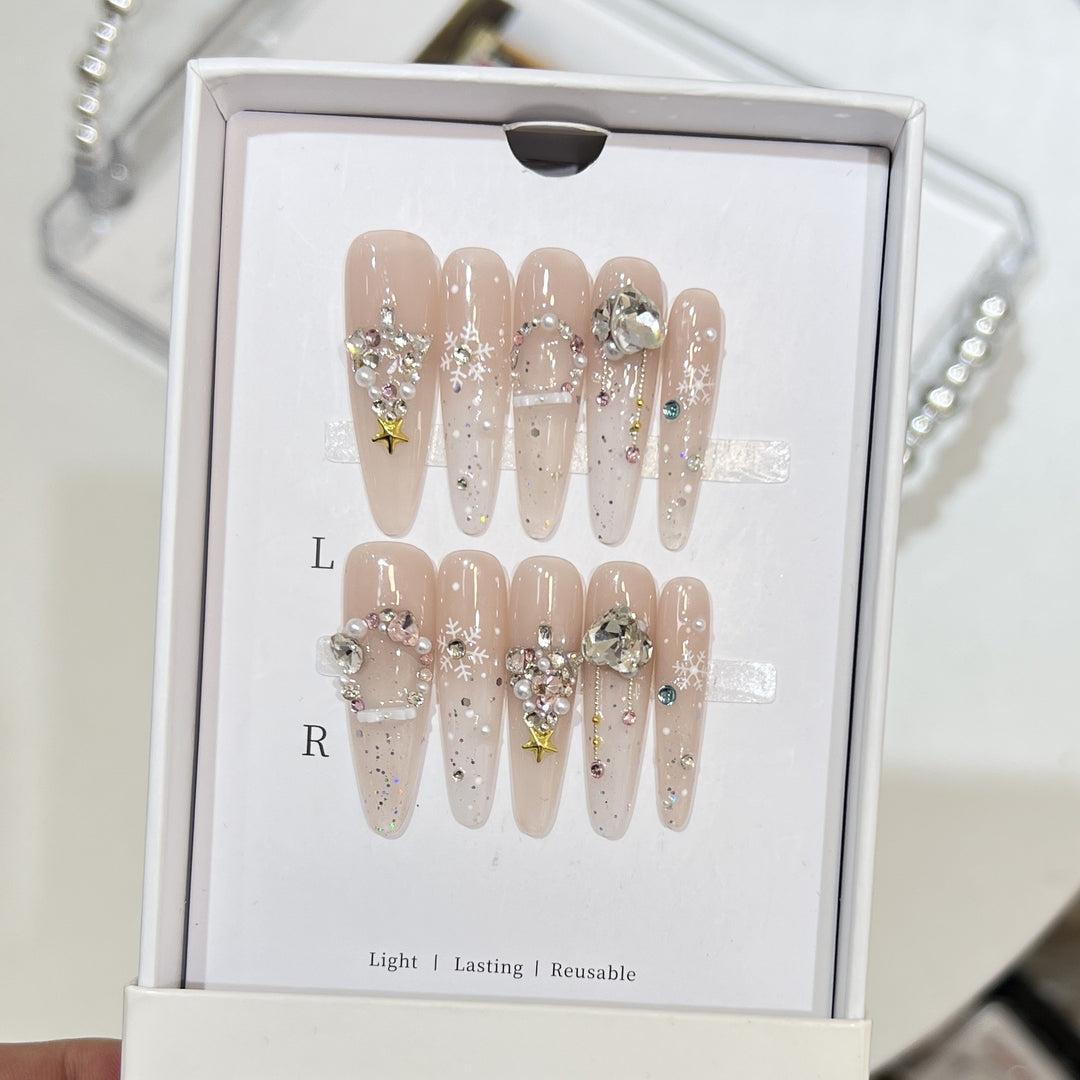 Schneeflocken-inspirierte Glitzer Press-On Nagel Set Karnz