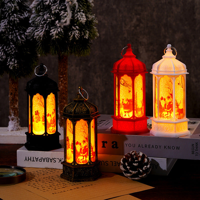 Vintage marokkanischer LED-Schneelaterne im Stil mit rotierender Weihnachts-Szene