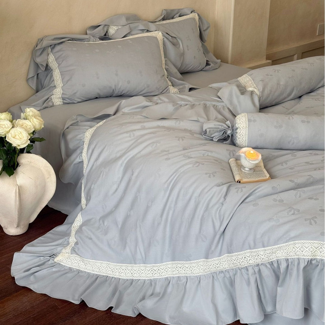 Leinen-Mischung Jacquard Floral Bettbezug Set mit Rüschensaum und dekorativem Bolster