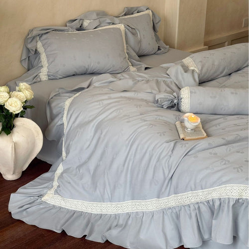 Leinen-Mischung Jacquard Floral Bettbezug Set mit Rüschensaum und dekorativem Bolster