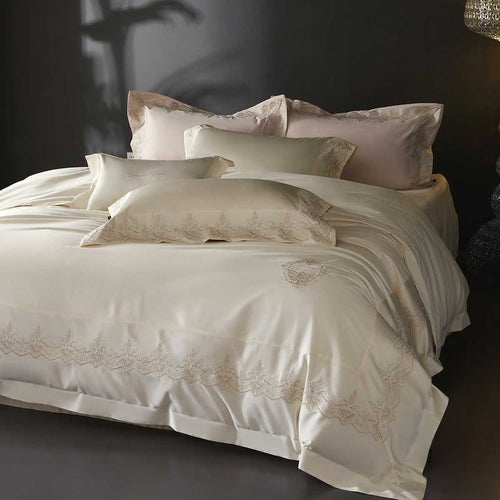Luxuriöses Satin-Feel Besticktes Spitzenbesatz Bettwäsche Duvet Decken Set