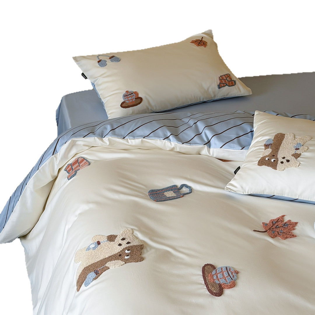 Bestickte Baumwollbettbezug-Sets mit wendbarem gestreiftem Innenfutter