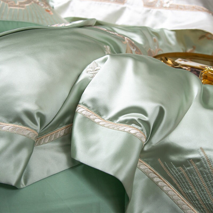 Luxuriöser gestickter Satin Bettbezug mit floralem Jacobean-Stick und Oxford-Kissenbezügen