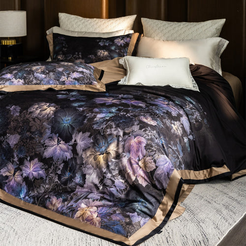 Luxuriöses Botanisches Jacquard-Satin-Bettdeckenbezug-Set mit Kontrastsaum und verdecktem Verschluss