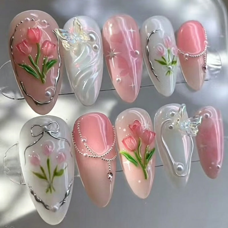 Künstlerisches Floral- und Stern-Applikationen Press-On Nagelset Karnz
