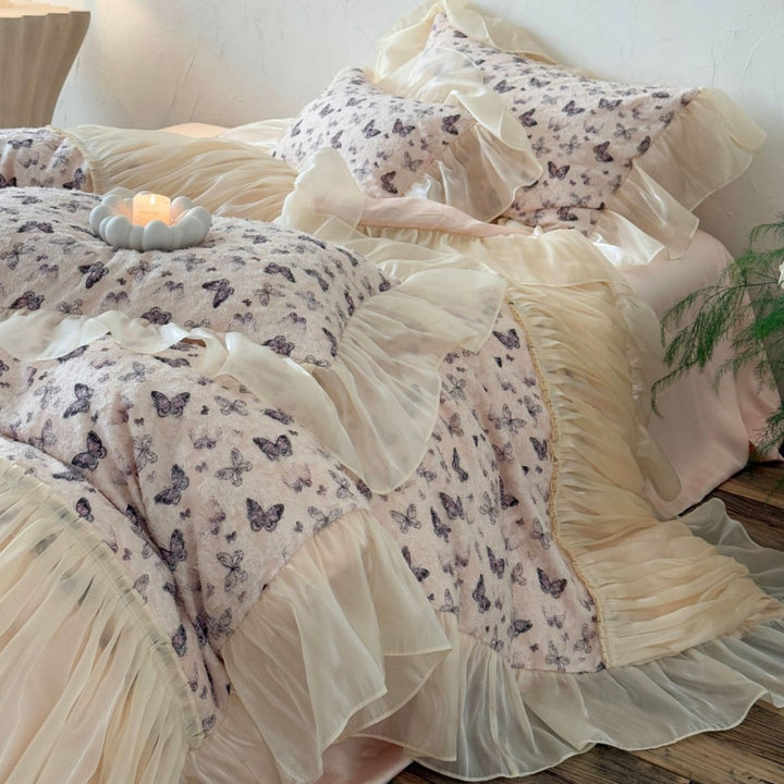 Romantisches Bettwäsche-Set aus Baumwollsatin mit Schmetterlingsprint, Volant und Chiffon-Rüschen