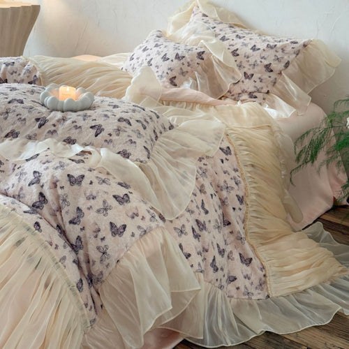 Romantisches Bettwäsche-Set aus Baumwollsatin mit Schmetterlingsprint, Volant und Chiffon-Rüschen