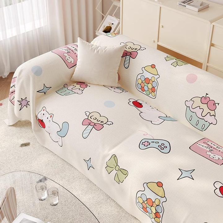 Decorative Cotton-Linen Kawaii Candy and Cat Print Sofa Slipcover