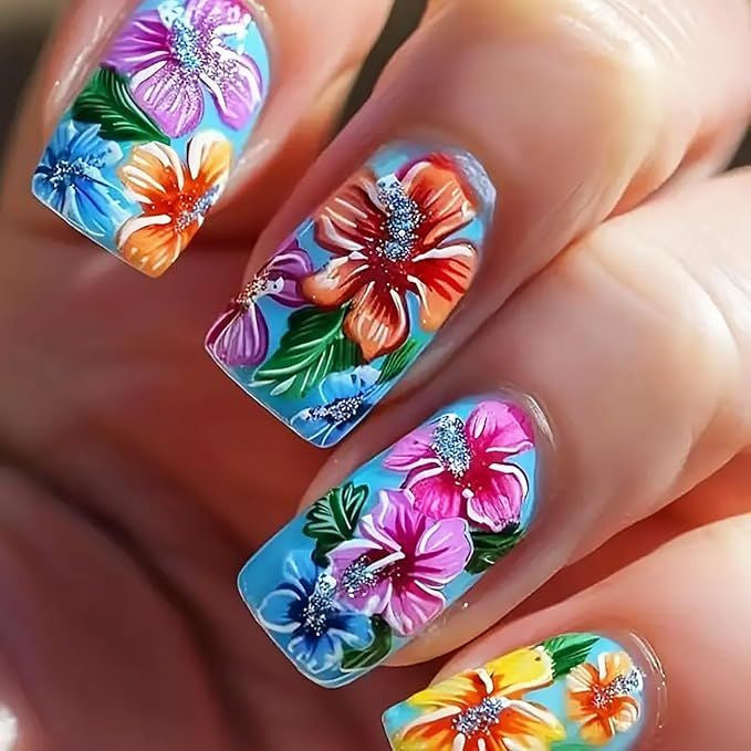 Kunstnägel mit Buntem Blumenmotiv Karnz